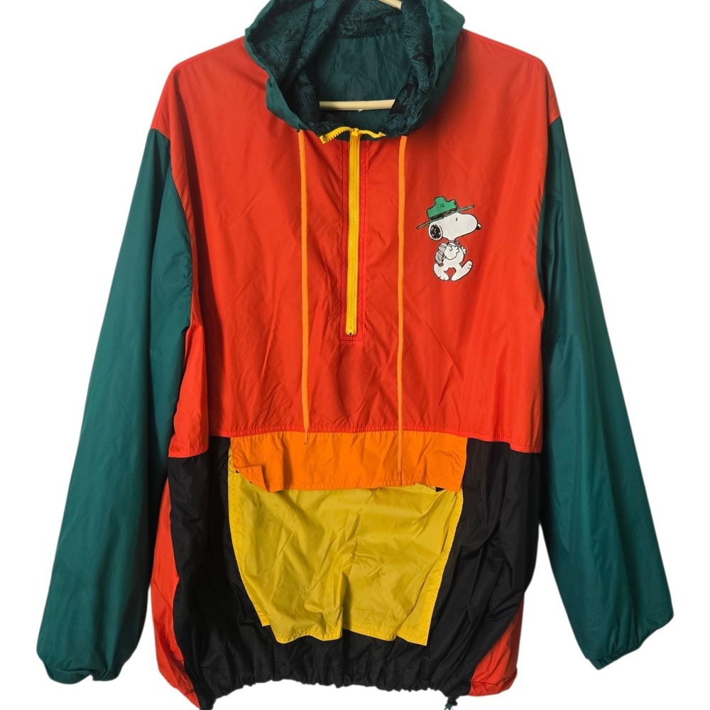 Vintage Peanuts Snoopy Beagle Scout‎ Colorblock Windbreaker Anorak Jacket Red L